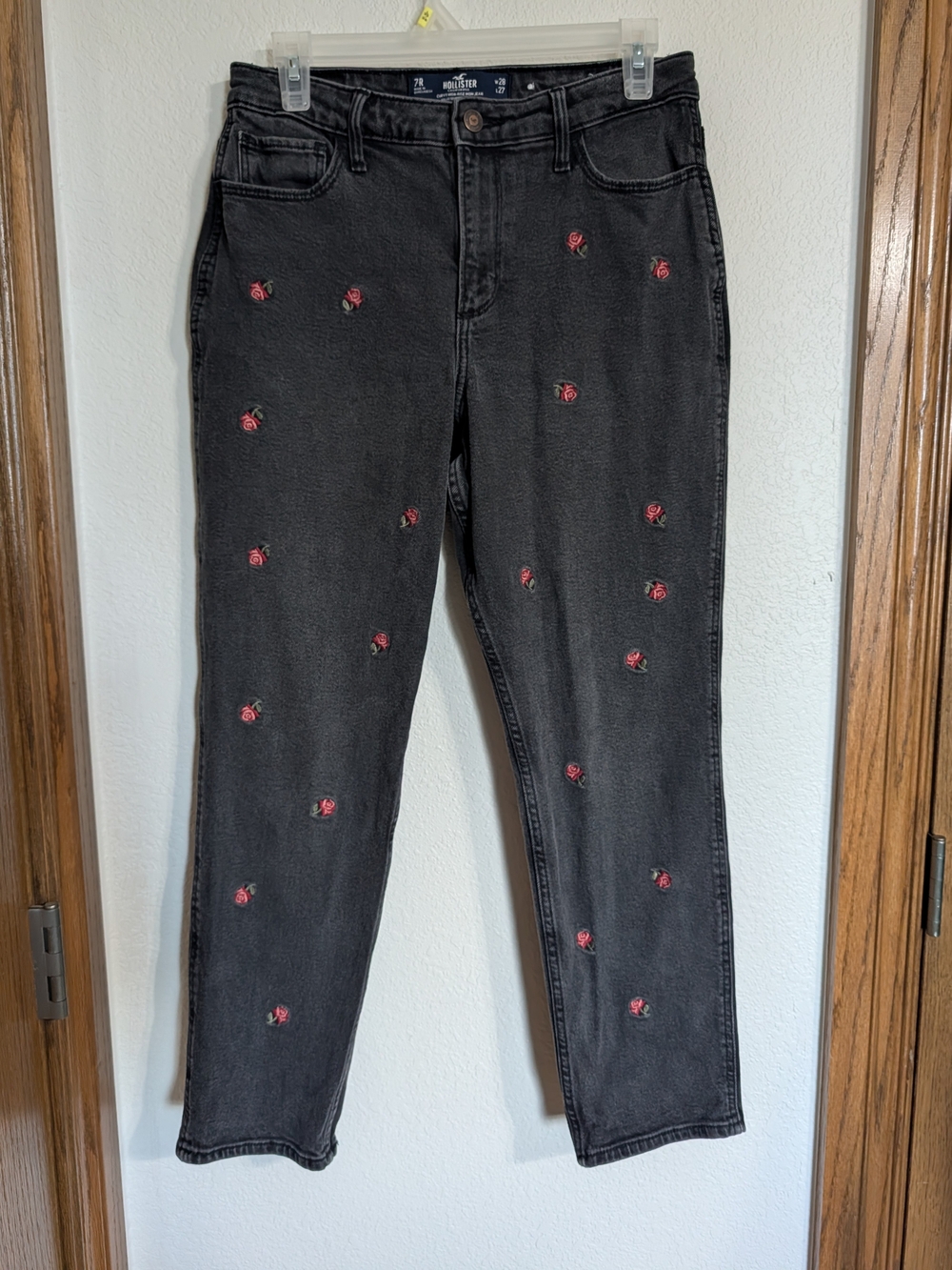 Hollister Black High-Rise Cropped Jeans with Red Rose Embroidery